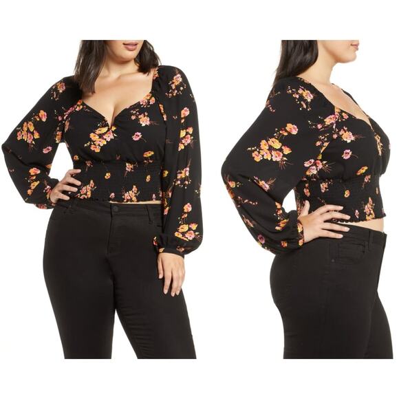 Leith Smocked Crop Black Floral Top Sweetheart Neckline Boho Peasant Size M - Picture 2 of 11